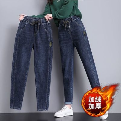 松紧腰加绒加厚牛仔裤女直筒宽松高腰显瘦大码垂感修身妈妈长裤