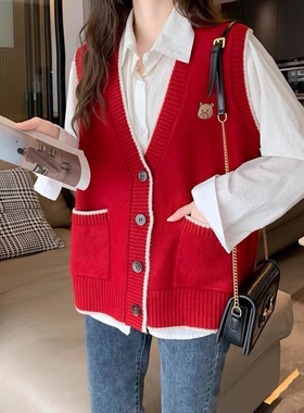 韩系大码200斤针织马甲开衫女外搭毛衣宽松马夹背心外穿坎肩上衣