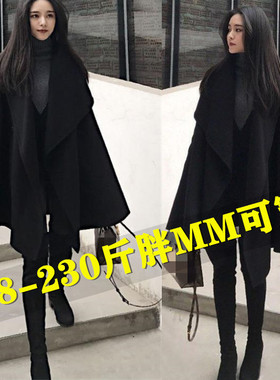 春秋毛呢外套女韩版宽松大码胖MM200斤百搭中长款休闲风衣秋冬潮
