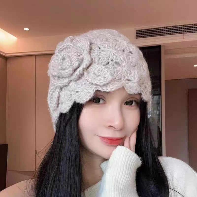 新款大花手工钩花帽子包头帽秋冬季针织帽毛线帽显脸小百搭保暖帽