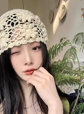 2026新款女复古文艺编织镂空包头帽百搭时尚堆堆帽夏季显脸小帽子