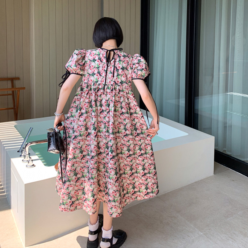 硬糖女孩【打翻了油画】桔梗小众泡泡袖显瘦花朵娃娃连衣裙