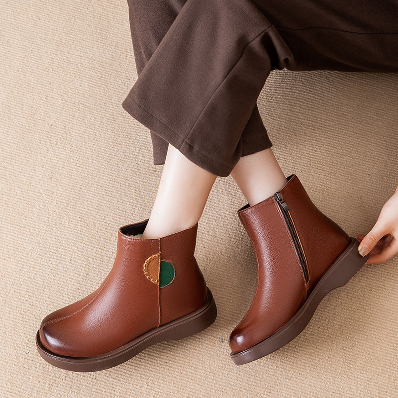 真皮全牛皮羊毛靴皮毛一体复古短靴女冬加厚冬季保暖女靴妈妈