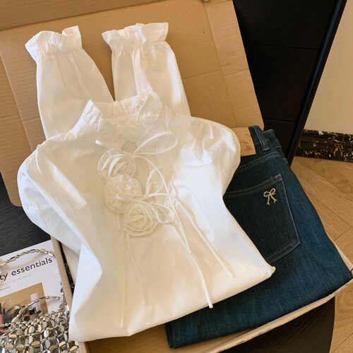 立体花朵花边拼接长袖衬衫优品质