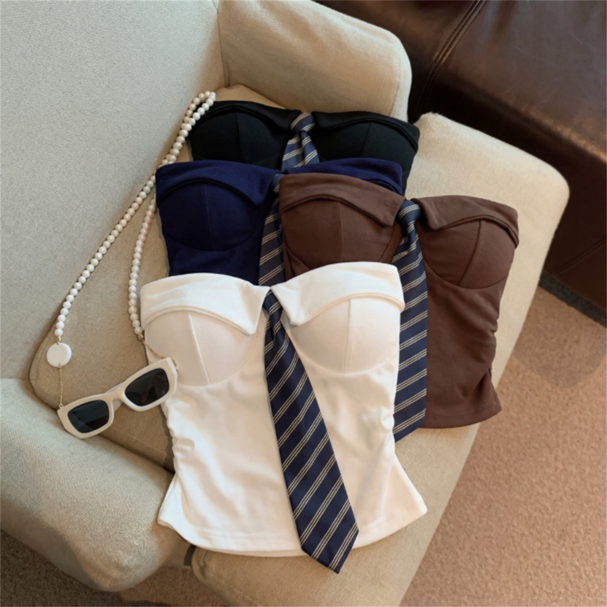 Jade Closet直营店推荐~美拉德纯欲风拼接领带有胸垫抹胸短背心女