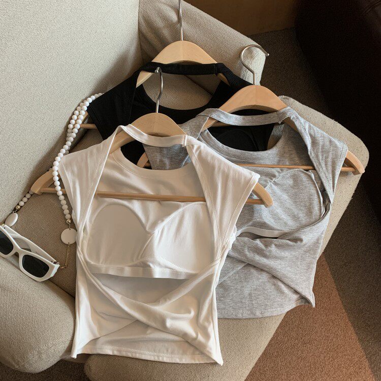 Jade Closet直营店推荐~纯欲风辣妹性感美背带胸垫圆领t恤小衫女