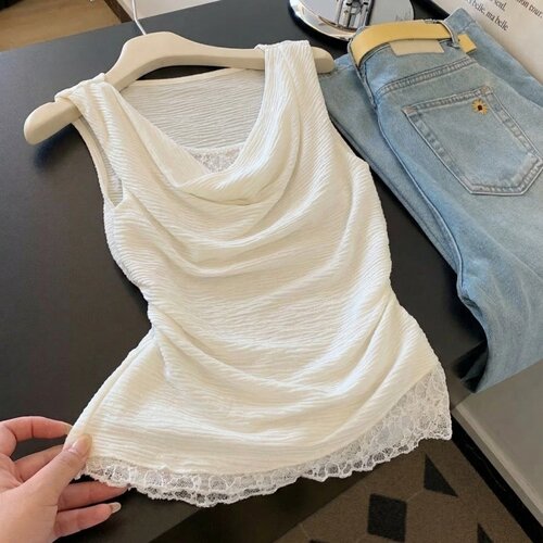 荡领花边无袖针织短背心优品质