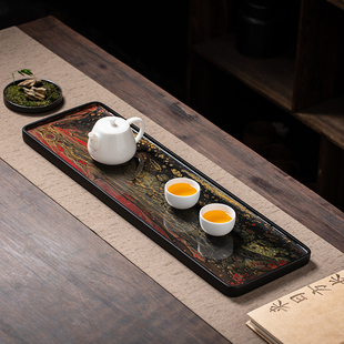 家用乌金石小型复古日式 仿生大漆长方形干泡台茶盘新款 茶水托盘