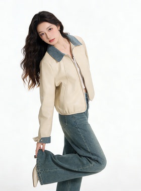 韩系撞色翻领皮衣短外套女春季新款超好看时尚百搭休闲夹克上衣潮