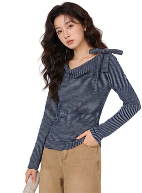 2026春季新款时尚气质百搭休闲条纹上衣女韩系洋气减龄蝴蝶结T恤