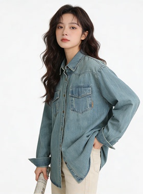 宽松百搭复古牛仔衬衫女2026春季新款休闲风洋气减龄翻领长袖上衣
