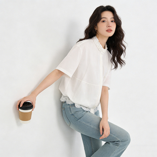 韩系木耳边减龄洋气显瘦上衣 新款 白色蕾丝拼接设计感衬衫 女春夏季