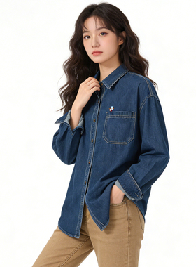 韩系小狗卡通刺绣复古上衣女春季新款宽松时尚设计感水洗牛仔衬衫