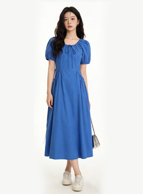 蓝色泡泡袖收腰显瘦连衣裙女春季新款超好看独特气质百搭休闲长裙