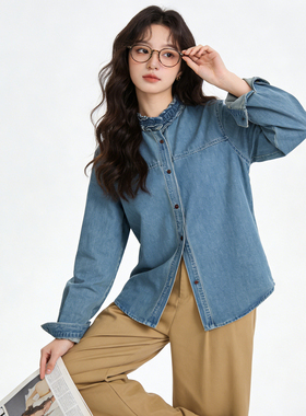 小众时尚洋气百搭水洗牛仔上衣女春季新款港风气质木耳边休闲衬衫