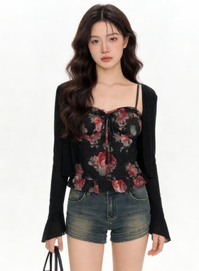 复古时尚浪漫印花吊带背心防晒休闲开衫女春季新款法式气质两件套