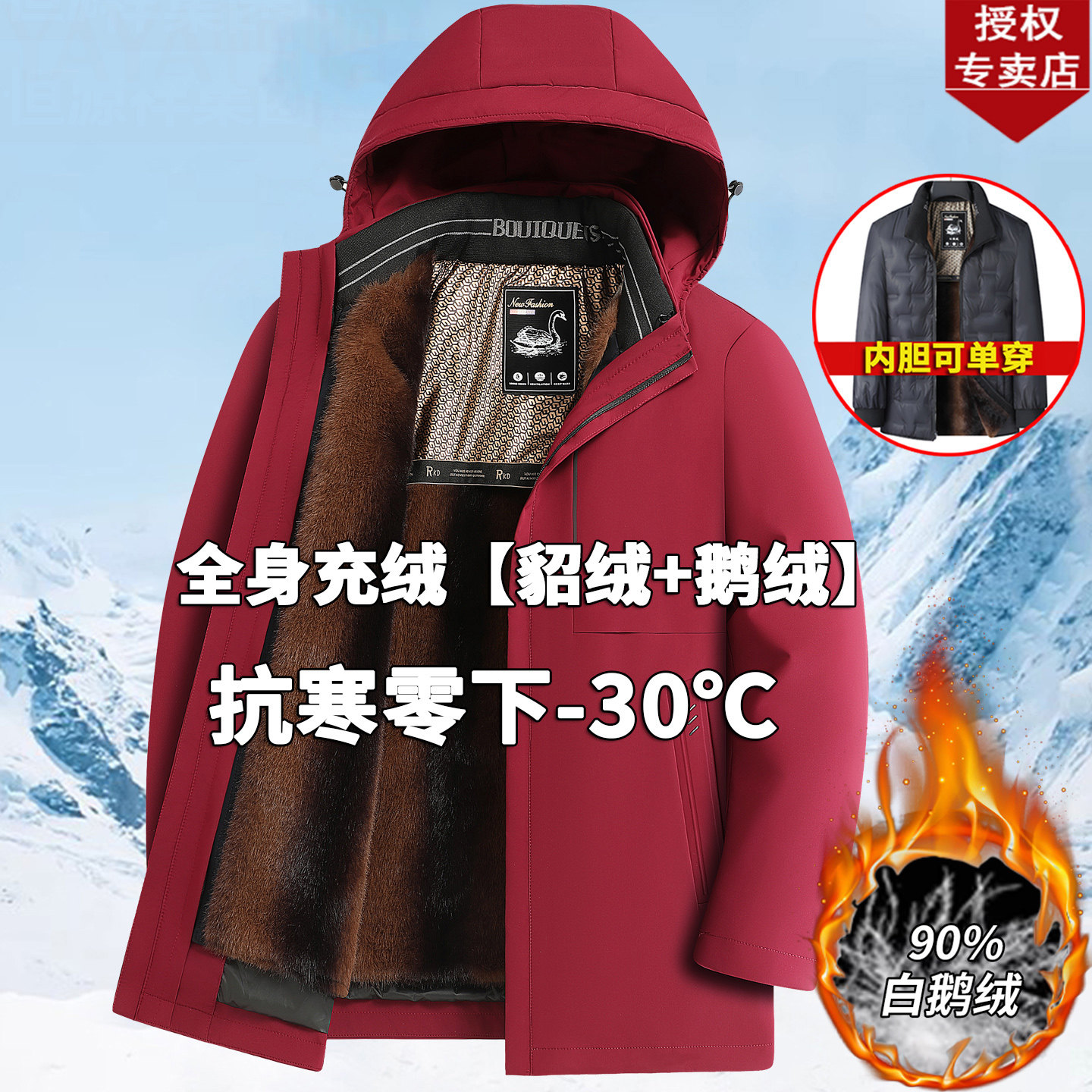 品牌男士鹅绒羽绒服2025新款加厚爸爸冬装可拆卸内胆鹅绒保暖外套