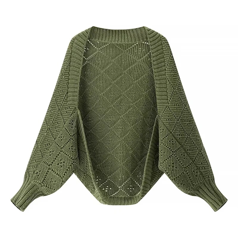 慵懒休闲长袖针织衫春夏新品时尚镂空勾花宽松披肩式毛线开衫罩衫