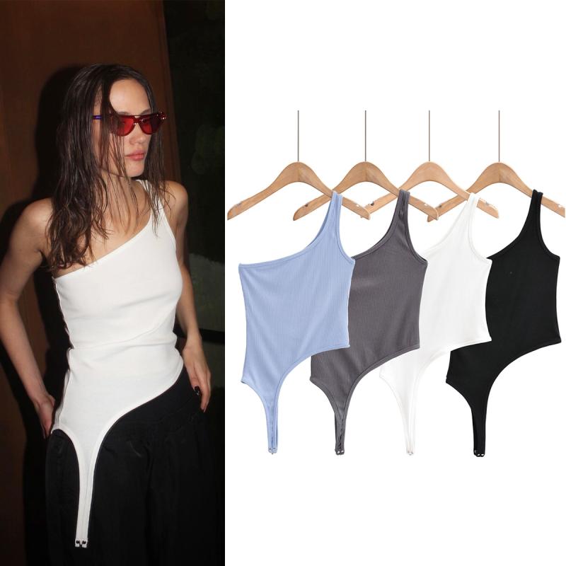 不对称挂扣欧美风斜肩挂脖女背心