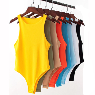 连裆连身高腰背心 纯色气质内搭冰丝弹力薄款 夏季 圆领连体女打底衫