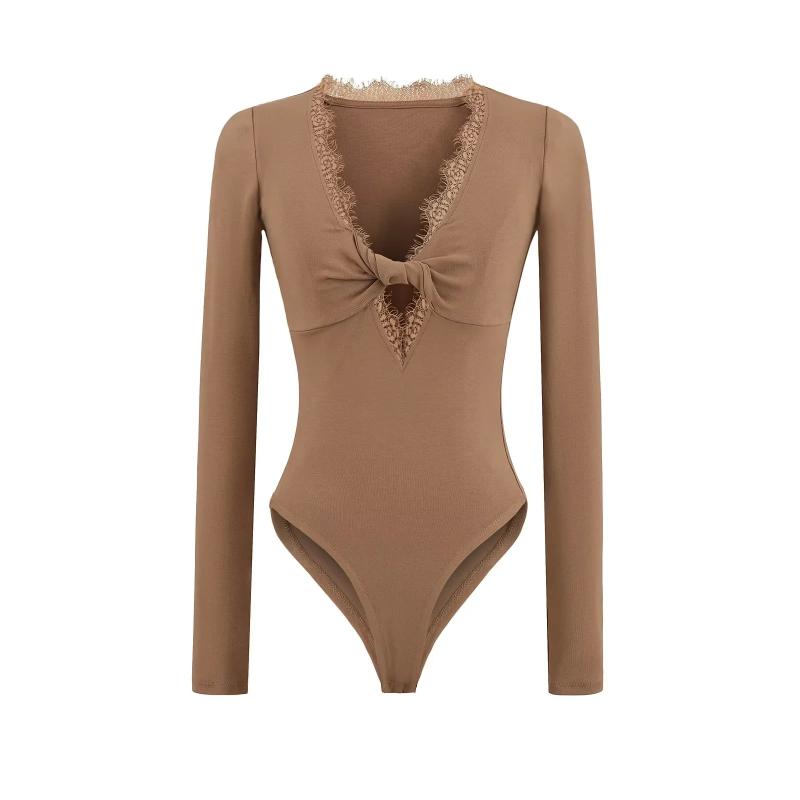 长袖纯欲V领拼接蕾丝镂空连体T恤