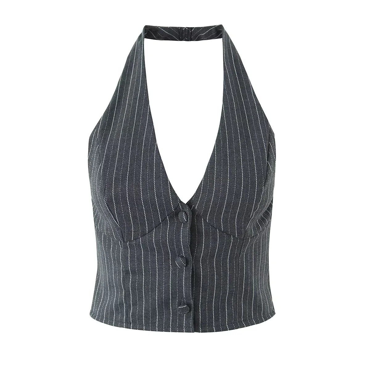 深V领拼接条纹西装挂脖女马甲休闲度假风短款修身挂颈单排扣背心