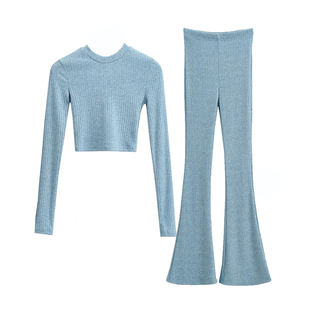 长裤 针织衫 套装 时尚 二件套 欧美风秋冬新品 露腰上衣毛线阔腿裤 短款