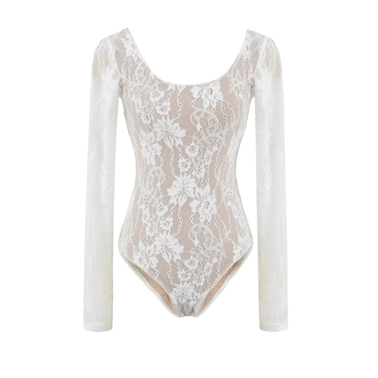 低圆领弹力修身长袖女连裆蕾丝衫