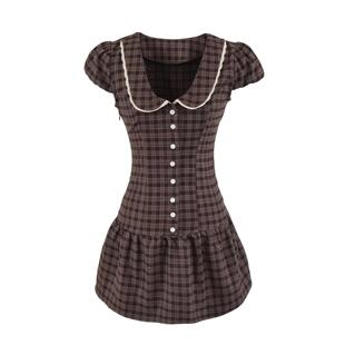 连衣裙拼接修身 U领拼色打底裙ins短裙 学院范小个子小格子短袖 法式