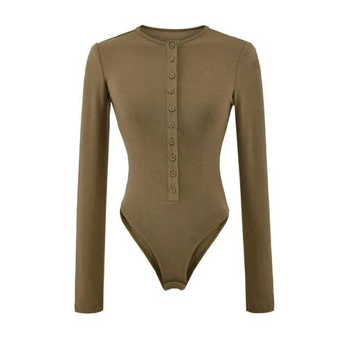 纯欲风修身弹力连裆圆领排扣T恤