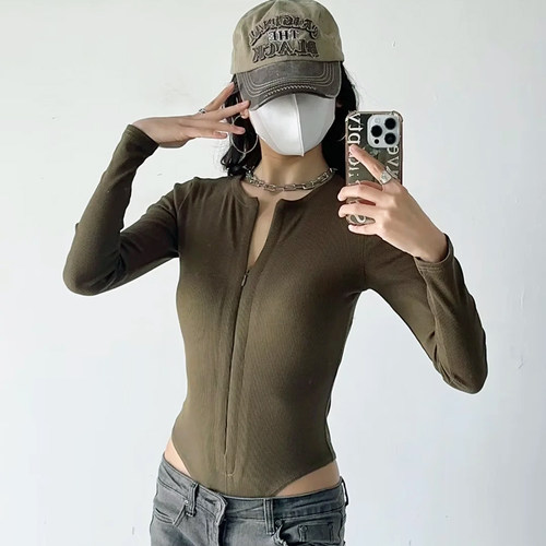 长袖欧美风辣妹圆领修身弹力T恤