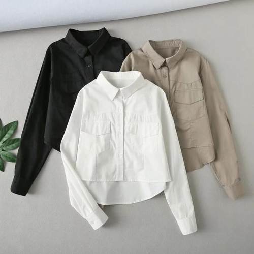 长袖棉质女衬衫双口袋休闲单排扣