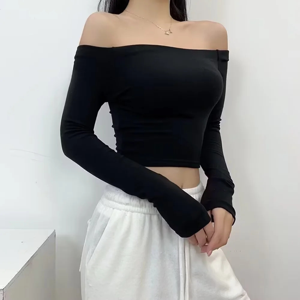 纯欲风修身一字肩长袖短款女T恤