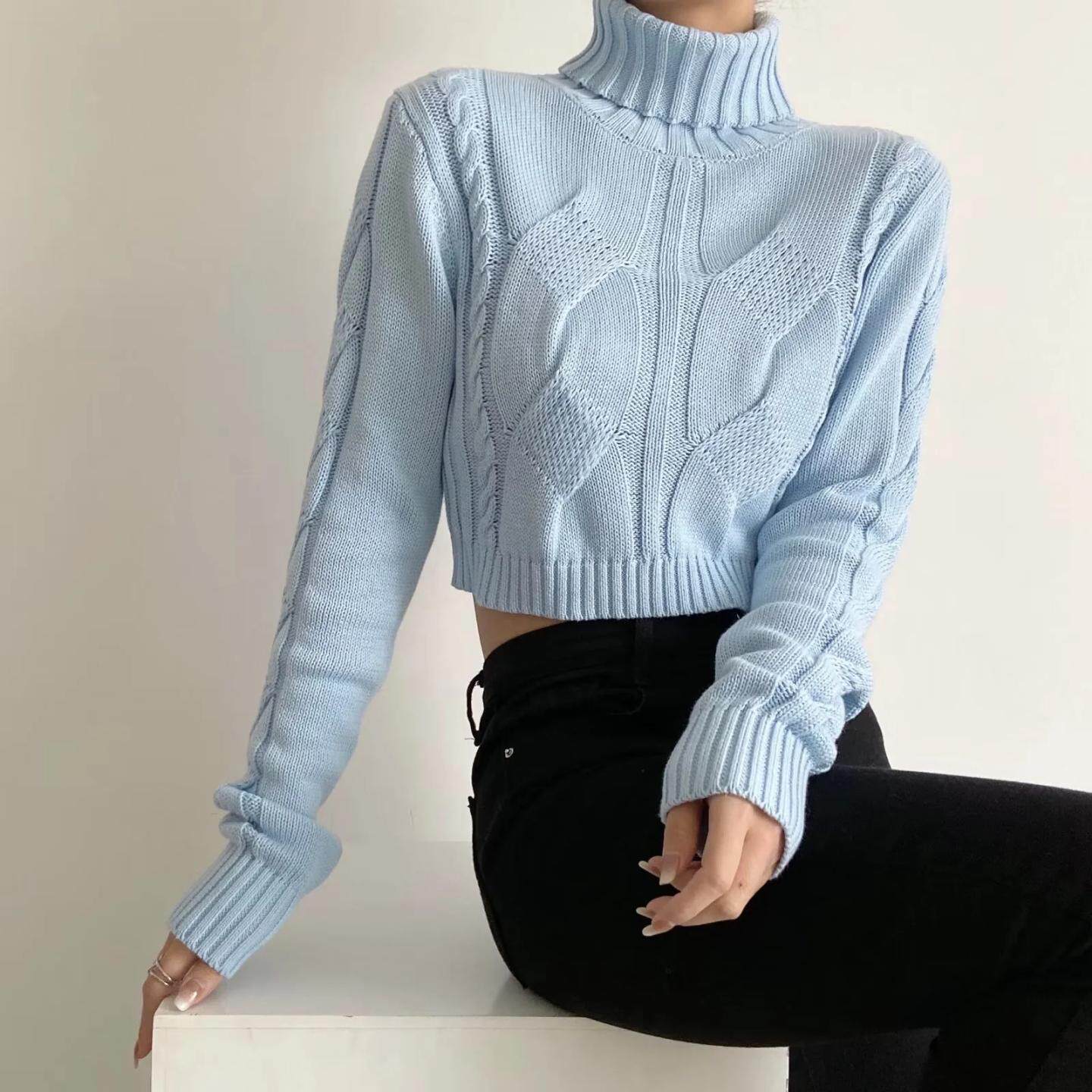 高领短款长袖女针织衫提花纹路露腰半身欧美时尚罩衫毛线套头上衣