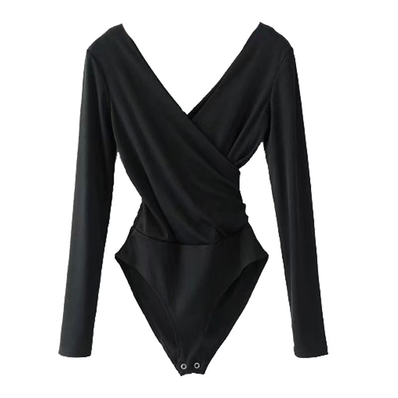 欧美螺纹连身弹力褶皱收腰V领T恤