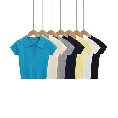 夏季新品小翻领提花钩花女针织衫