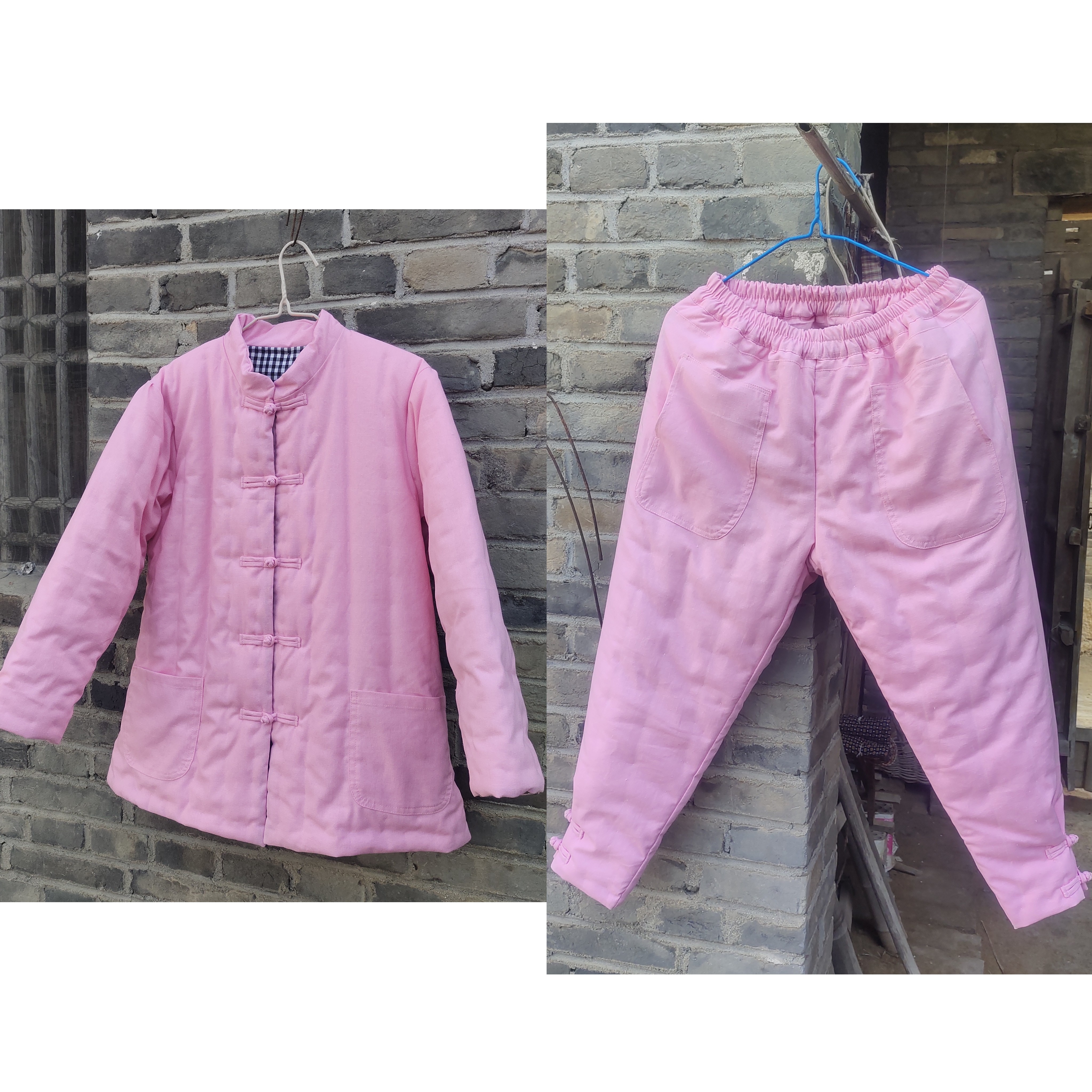 冬季纯手工老棉衣粉色套装女加厚保暖舒适棉服拜年棉袄棉裤儿童男