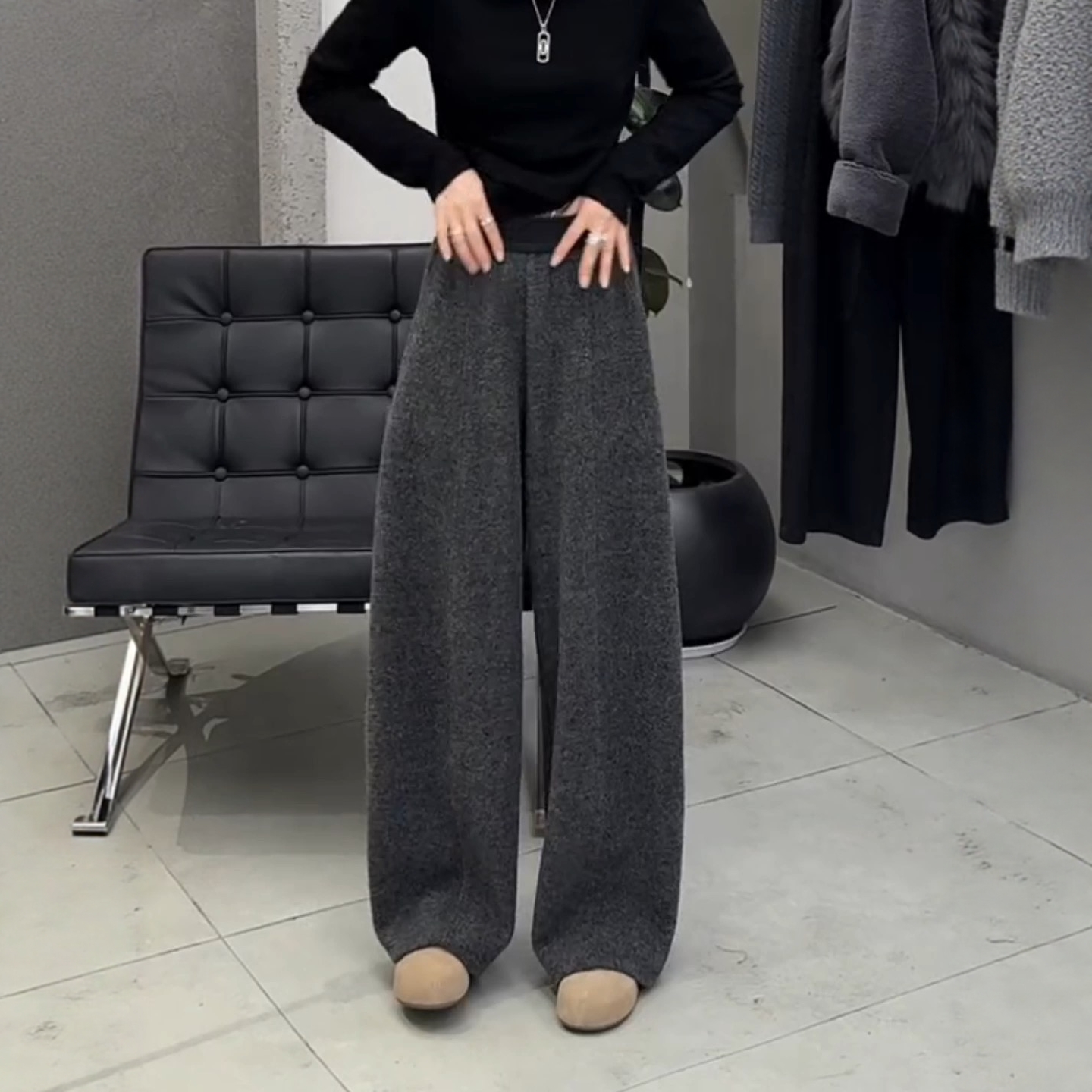 加绒加厚休闲保暖阔腿裤女