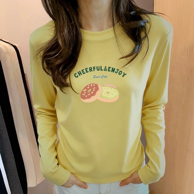 黄色长袖卡通印花圆领打底衫