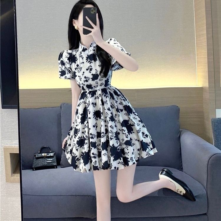 新中式改良旗袍裙清新甜美复古收腰碎花长款小个子连衣裙裙子夏季