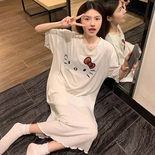 睡裙女夏季莫代尔带胸垫中长裙凯蒂猫可爱卡通学生可外穿连衣裙子