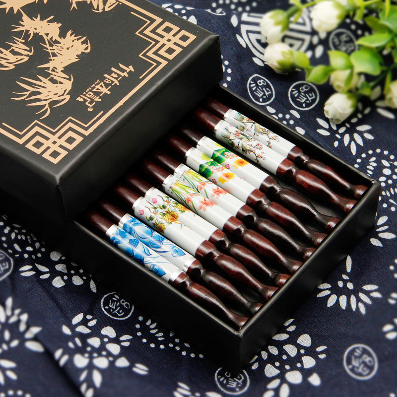 竹木本记印尼筷子礼盒日式和风木筷5双礼盒装赠新骨瓷筷架5色花