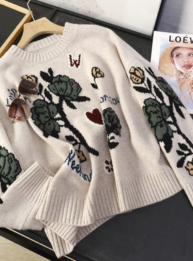 华子家 100绵羊毛！复古花朵提花圆领针织衫女秋冬套头毛衣45682