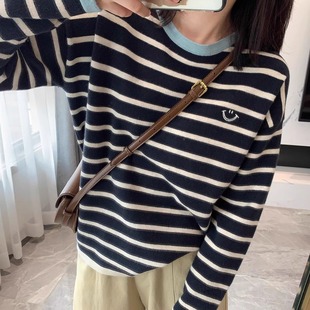 华子家 黑白条纹笑脸针织衫女秋季外穿慵懒宽松圆领长袖毛衣40865