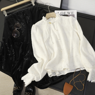 华子家 新中式国风蕾丝衬衫暗纹提花丝绒半身裙两件套连衣裙44653