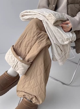 华子家 加厚夹棉绗缝菱格宽松显瘦休闲直筒阔腿裤棉裤女秋冬45055