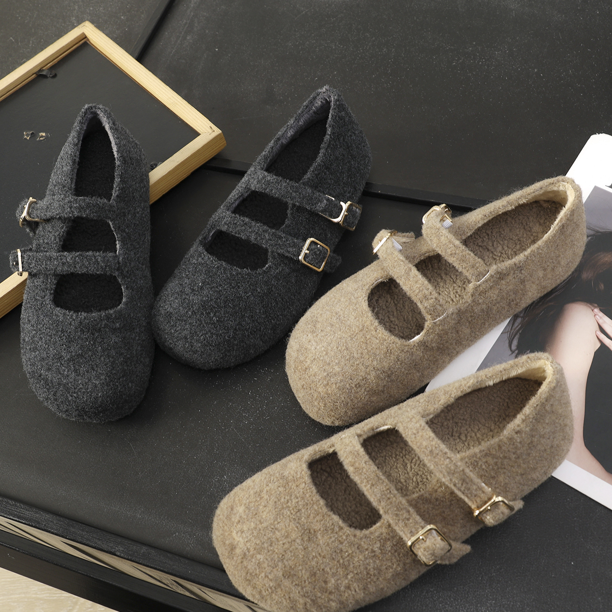圆头双扣带加厚加绒毛呢勃肯鞋女