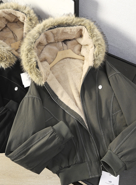 华子家 座山雕棉服外套女秋冬小个子连帽加绒加厚棉衣派克服45471