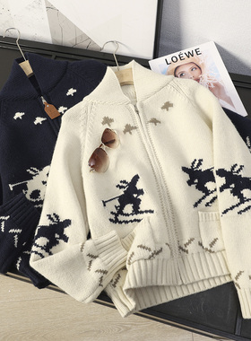 华子家 慵懒风重工提花宽松显瘦拉链针织开衫毛衣外套女秋冬44986