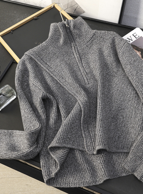 华子家 不对称设计感半拉链翻领针织衫女秋季慵懒风套头毛衣45218